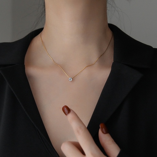 [neck44] Gold Titanium Steel Round Necklace With Cubic Zirconia Stone