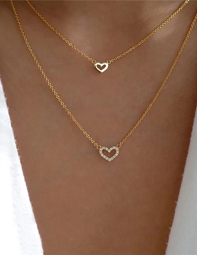 [neck46] Gold Titanium Steel Diamond Heart Double Layer Necklace