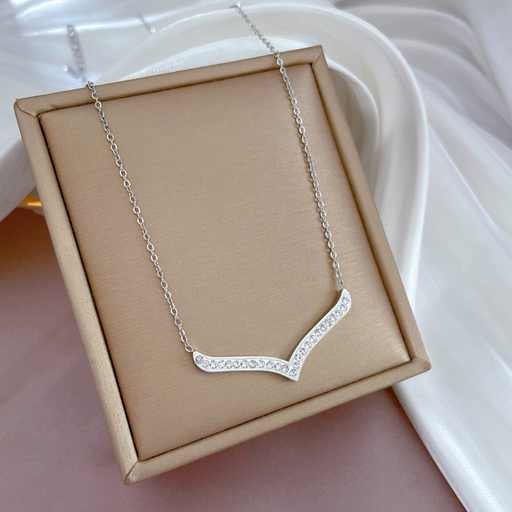 [neck57] Titanium Steel Geometric V Necklace With cubic zirconia stones