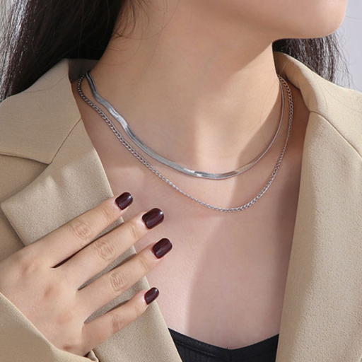 [U91094] Stainless Steel Double Chain Flat Chain Snake Bone Necklace