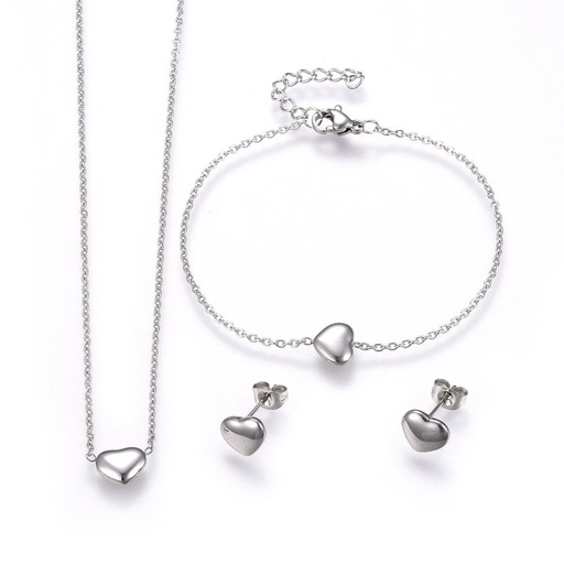 [X-SJEW-H144-23P] Stainless Steel Jewelry Set, Heart Pendant Necklace, Stud Earrings & Bracelet