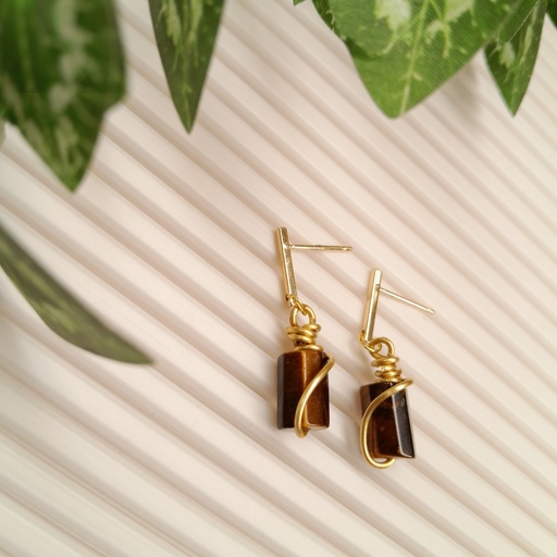 [gse27] 18K Gold plated Stainless Steel earring studs with Natural Tiger Eye beads