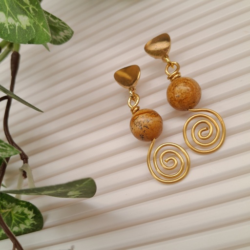 Gold Stainless Steel earring studs with Picture Jasper beads
