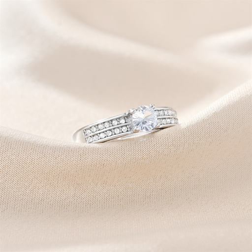 [M16850] Silver Titanium Steel ring with Inlaid Cubic Zirconia Stones- Size #7