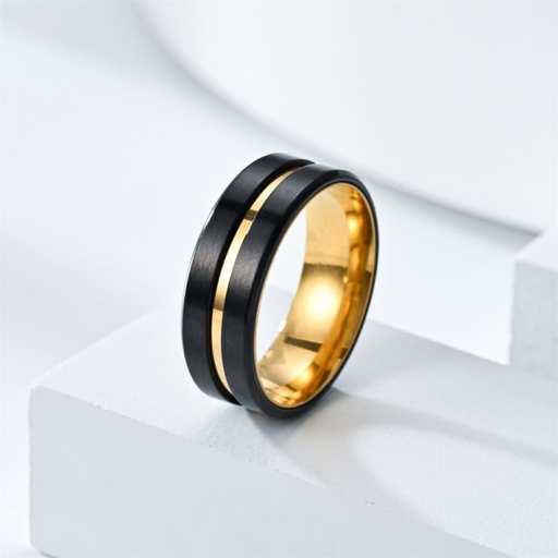[ASUE16043] 8mm Black & Gold Stainless Steel Ring - Size #8