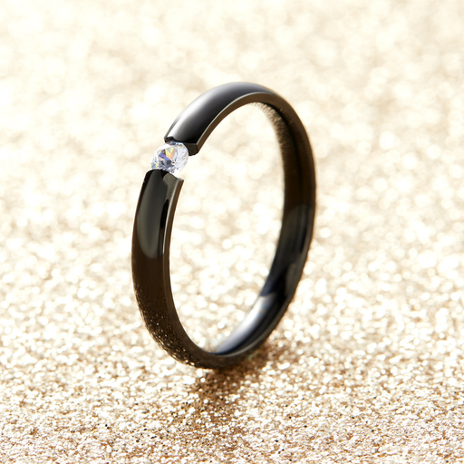 Stainless Steel Black Ring with Single Cubic Zirconia Stone