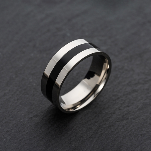 Silver Titanium Steel Ring with Black stripe - Size #13