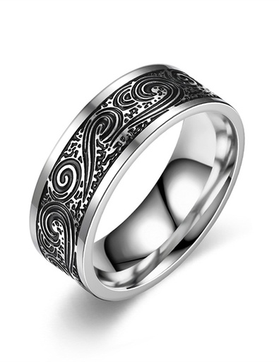 [Z86466] 8mm wide Wave Pattern Titanium Steel Engraved Ring - Size #11
