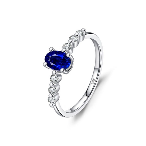 [ring45] 925 Sterling Silver ring with dark blue oval Cubic Zirconia stone - Size #7