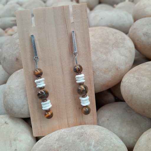 Natural tiger eye and ostrich shell dangle earrings