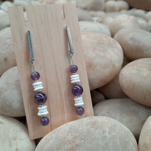 Natural amethyst and ostrich shell dangle earrings