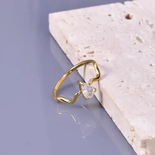 [ring136] Gold Titanium Steel Teardrop Ring with Cubic Zirconia Stone- Size #6