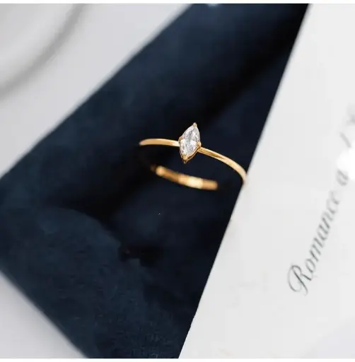 [ring147] Gold Titanium Steel Cubic Zirconia Marquise Ring - Size #7